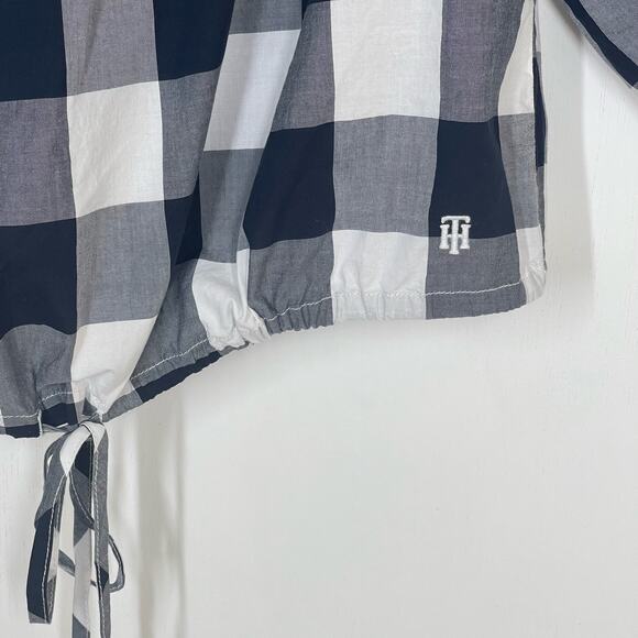 NEW Tommy Hilfiger Blouse Women's Size Small Navy Gingham Off the Shoulder Top - Picture 3 of 6